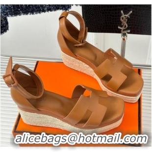 Pretty Style Hermes Elda Smooth Calfskin Platform Wedge Sandals Brown 4052305