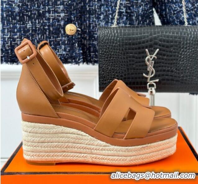 Pretty Style Hermes Elda Smooth Calfskin Platform Wedge Sandals Brown 4052305