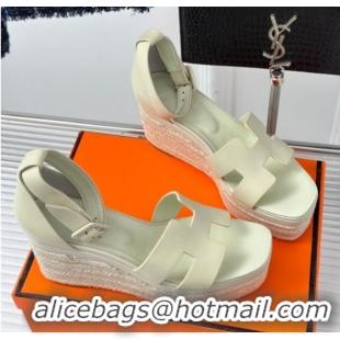 Top Grade Hermes Elda Smooth Calfskin Platform Wedge Sandals Beige 4052306