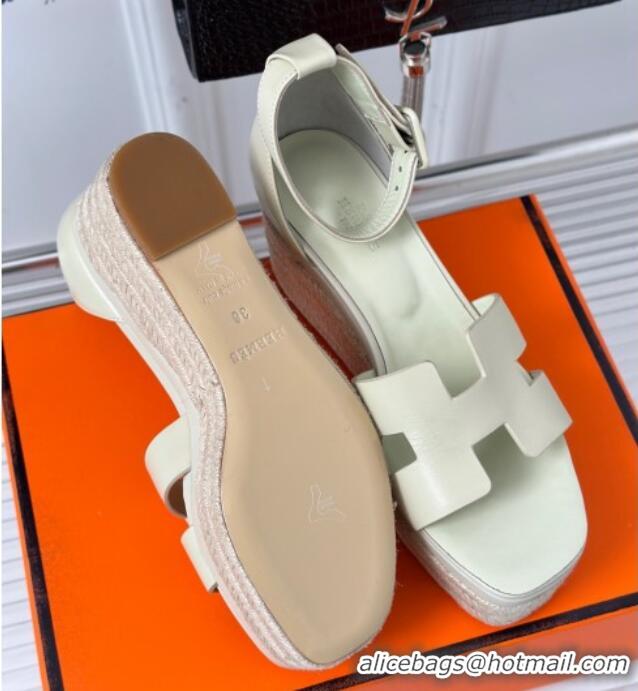 Top Grade Hermes Elda Smooth Calfskin Platform Wedge Sandals Beige 4052306