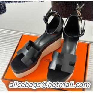 Grade Quality Hermes Elda Smooth Calfskin Platform Wedge Sandals Black 4052307