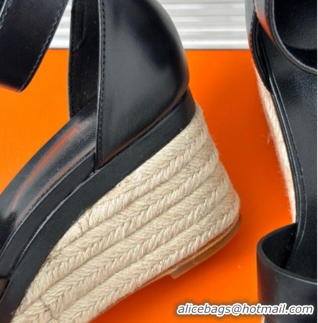 Grade Quality Hermes Elda Smooth Calfskin Platform Wedge Sandals Black 4052307