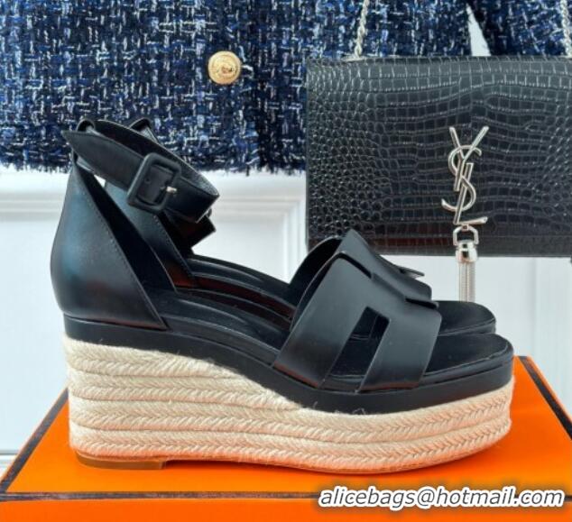 Grade Quality Hermes Elda Smooth Calfskin Platform Wedge Sandals Black 4052307