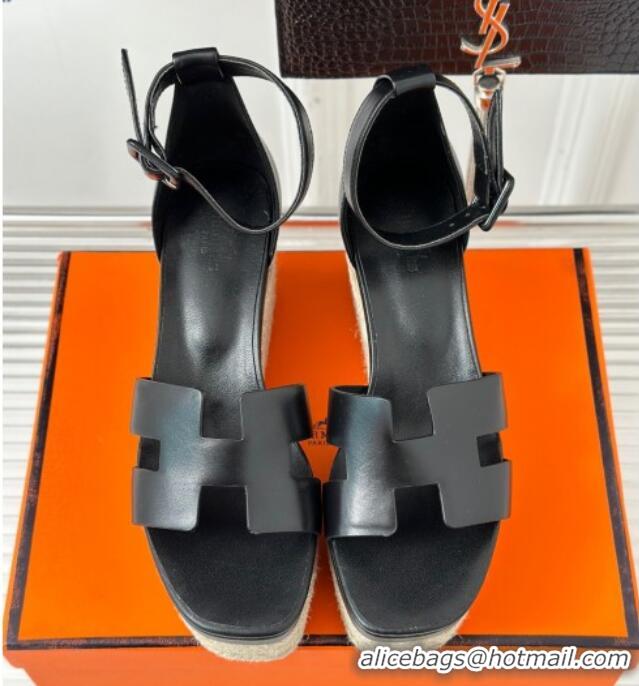 Grade Quality Hermes Elda Smooth Calfskin Platform Wedge Sandals Black 4052307