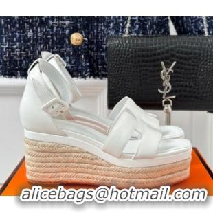 Luxurious Hermes Elda Smooth Calfskin Platform Wedge Sandals White 4052309