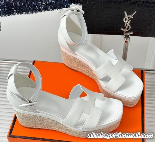 Luxurious Hermes Elda Smooth Calfskin Platform Wedge Sandals White 4052309