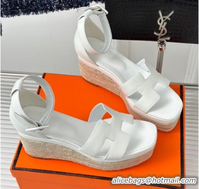 Luxurious Hermes Elda Smooth Calfskin Platform Wedge Sandals White 4052309