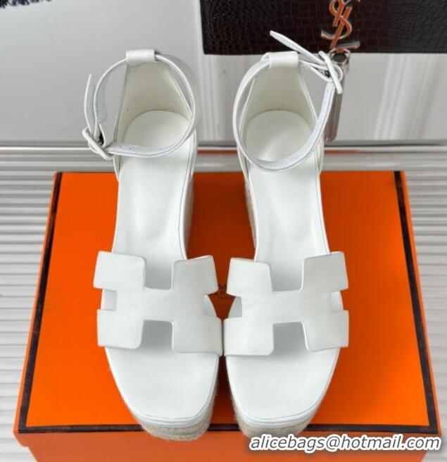 Luxurious Hermes Elda Smooth Calfskin Platform Wedge Sandals White 4052309