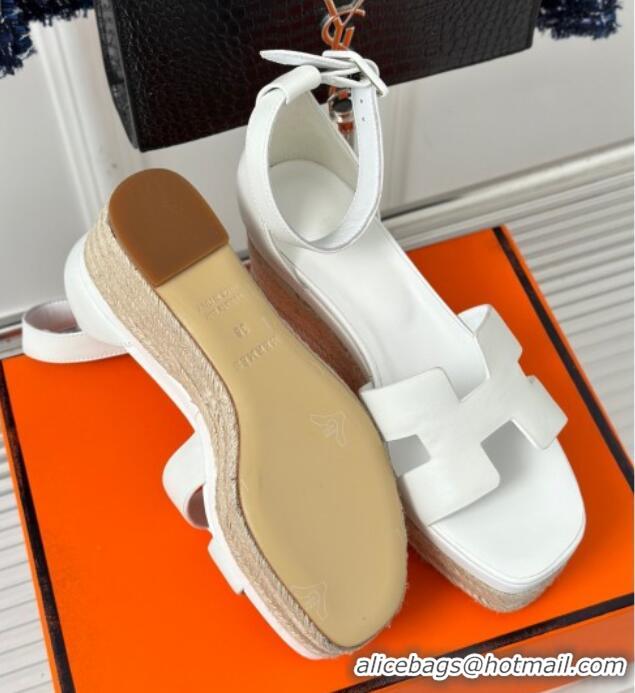 Luxurious Hermes Elda Smooth Calfskin Platform Wedge Sandals White 4052309