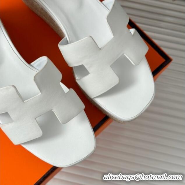 Luxurious Hermes Elda Smooth Calfskin Platform Wedge Sandals White 4052309