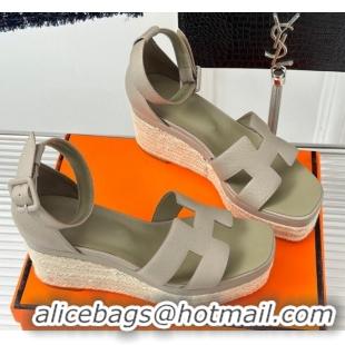 Low Cost Hermes Elda Grainy Calfskin Platform Wedge Sandals Grey 4052308