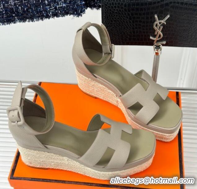 Low Cost Hermes Elda Grainy Calfskin Platform Wedge Sandals Grey 4052308