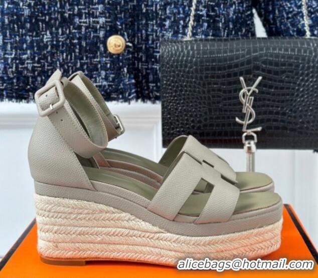 Low Cost Hermes Elda Grainy Calfskin Platform Wedge Sandals Grey 4052308