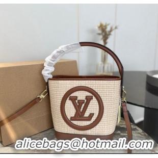 Luxury Classic Louis Vuitton Straw Bucket Tote Bag 0305 Beige/Brown 2024