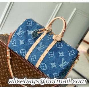 New Style Louis Vuitton Keepall Bandoulière 45 Travel Bag in Blue Monogram Denim M24315 2024 New LV Remix