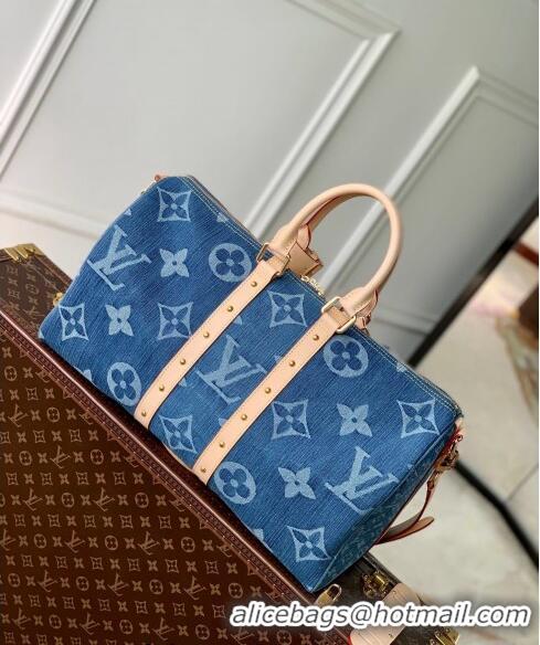 New Style Louis Vuitton Keepall Bandoulière 45 Travel Bag in Blue Monogram Denim M24315 2024 New LV Remix