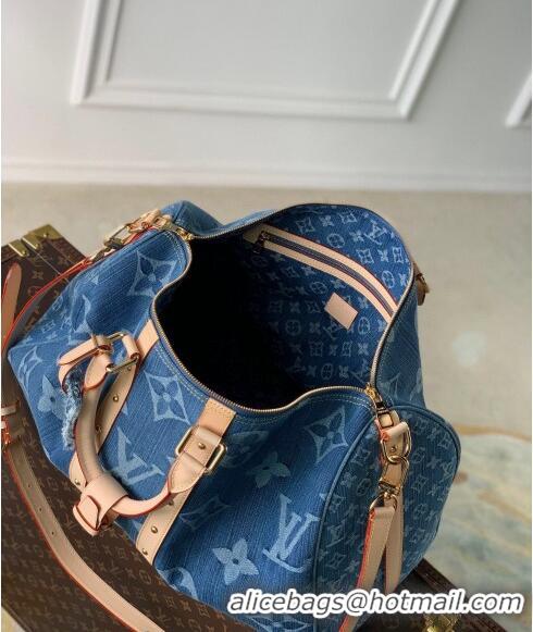 New Style Louis Vuitton Keepall Bandoulière 45 Travel Bag in Blue Monogram Denim M24315 2024 New LV Remix