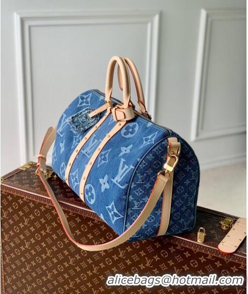 New Style Louis Vuitton Keepall Bandoulière 45 Travel Bag in Blue Monogram Denim M24315 2024 New LV Remix