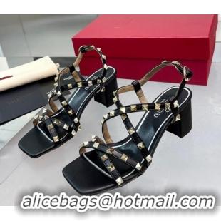 Stylish Valentino Rockstud Calf Heel Sandals with Strap Black 328001