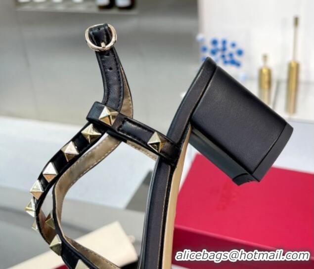 Stylish Valentino Rockstud Calf Heel Sandals with Strap Black 328001