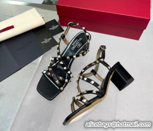 Stylish Valentino Rockstud Calf Heel Sandals with Strap Black 328001