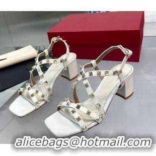 Sophisticated Valentino Rockstud Calf Heel Sandals with Strap White 328002