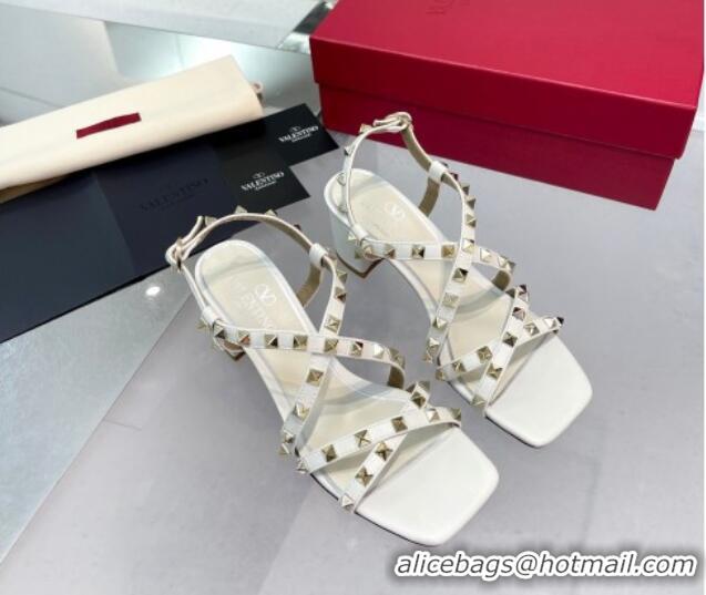 Sophisticated Valentino Rockstud Calf Heel Sandals with Strap White 328002