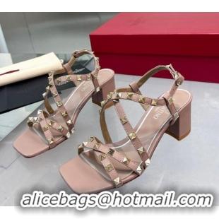 Pretty Style Valentino Rockstud Calf Heel Sandals with Strap Nude 328003