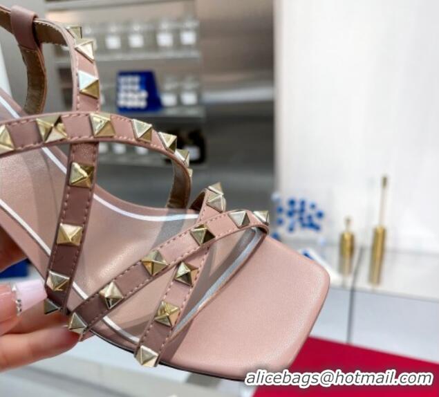 Pretty Style Valentino Rockstud Calf Heel Sandals with Strap Nude 328003