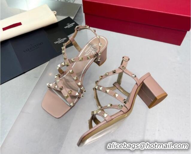 Pretty Style Valentino Rockstud Calf Heel Sandals with Strap Nude 328003