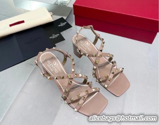 Pretty Style Valentino Rockstud Calf Heel Sandals with Strap Nude 328003