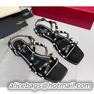 Top Grade Valentino Rockstud Calfskin Flat Sandals with Strap Black 328004