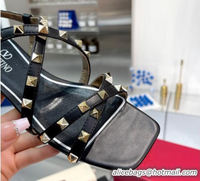 Top Grade Valentino Rockstud Calfskin Flat Sandals with Strap Black 328004