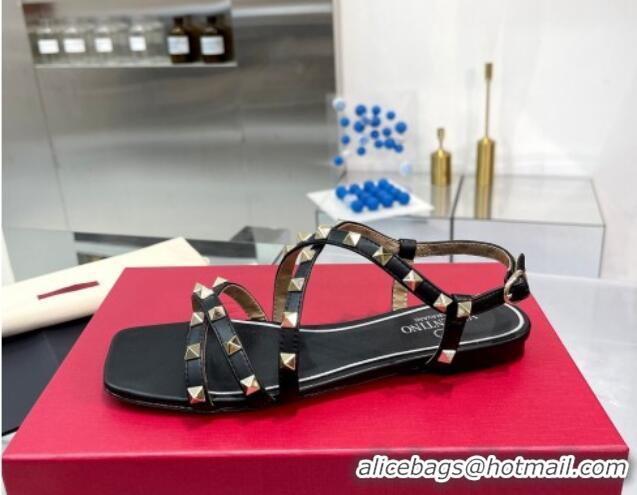 Top Grade Valentino Rockstud Calfskin Flat Sandals with Strap Black 328004