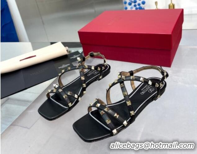 Top Grade Valentino Rockstud Calfskin Flat Sandals with Strap Black 328004