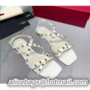 Best Product Valentino Rockstud Calfskin Flat Sandals with Strap White 328005