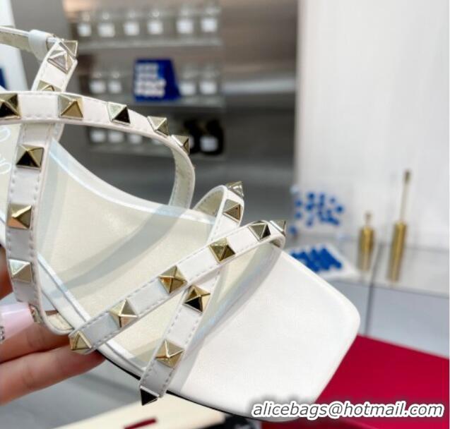 Best Product Valentino Rockstud Calfskin Flat Sandals with Strap White 328005