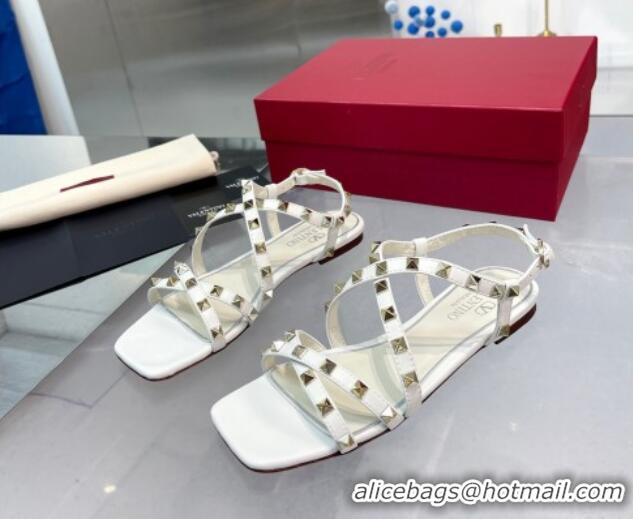 Best Product Valentino Rockstud Calfskin Flat Sandals with Strap White 328005