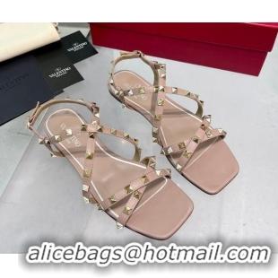 Stylish Valentino Rockstud Calfskin Flat Sandals with Strap Nude 328006