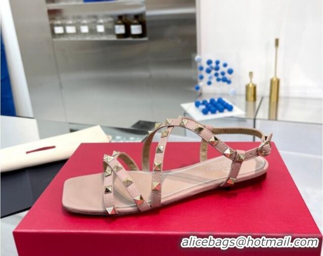 Stylish Valentino Rockstud Calfskin Flat Sandals with Strap Nude 328006