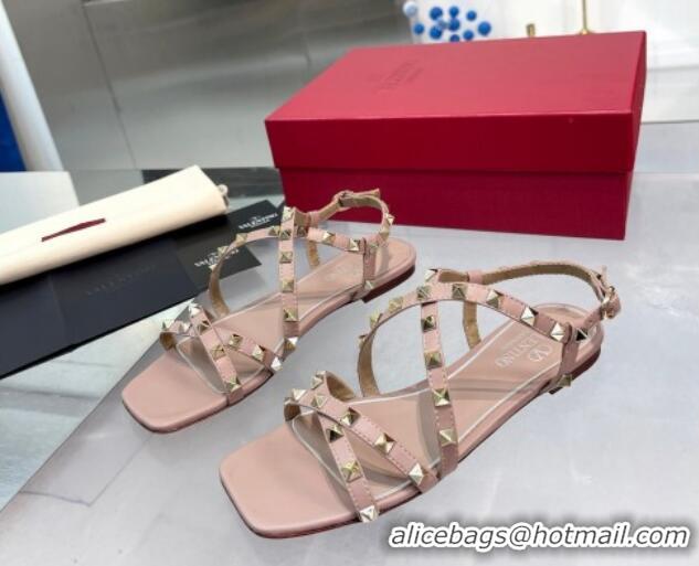 Stylish Valentino Rockstud Calfskin Flat Sandals with Strap Nude 328006