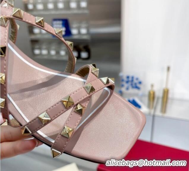 Stylish Valentino Rockstud Calfskin Flat Sandals with Strap Nude 328006