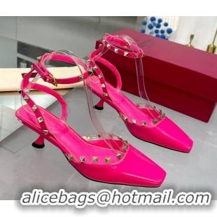 Best Grade Valentino Rockstud Slingback Pumps 5cm with Ankle Strap in Patent Calfskin PP Pink 328007