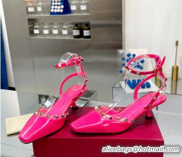 Best Grade Valentino Rockstud Slingback Pumps 5cm with Ankle Strap in Patent Calfskin PP Pink 328007