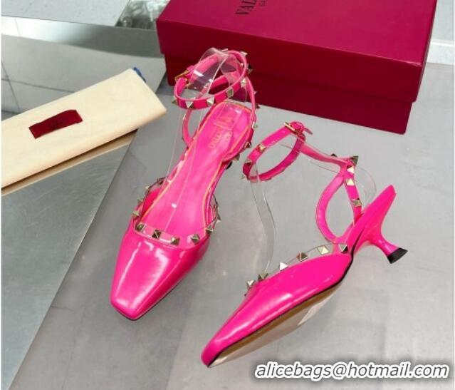 Best Grade Valentino Rockstud Slingback Pumps 5cm with Ankle Strap in Patent Calfskin PP Pink 328007