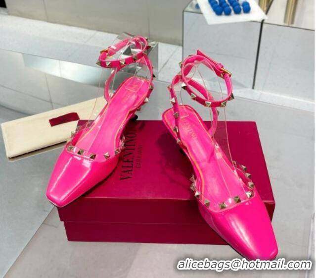 Best Grade Valentino Rockstud Slingback Pumps 5cm with Ankle Strap in Patent Calfskin PP Pink 328007