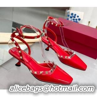 Good Looking Valentino Rockstud Slingback Pumps 5cm with Ankle Strap in Patent Calfskin Red 328008