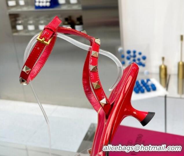 Good Looking Valentino Rockstud Slingback Pumps 5cm with Ankle Strap in Patent Calfskin Red 328008