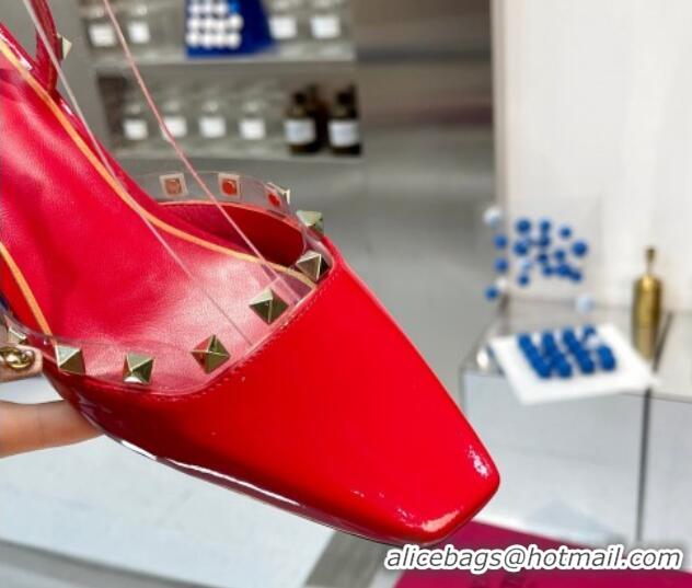 Good Looking Valentino Rockstud Slingback Pumps 5cm with Ankle Strap in Patent Calfskin Red 328008