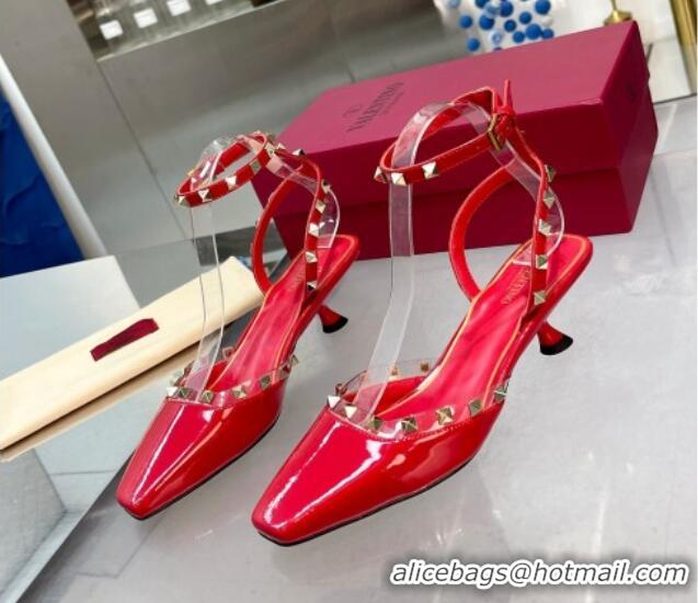 Good Looking Valentino Rockstud Slingback Pumps 5cm with Ankle Strap in Patent Calfskin Red 328008